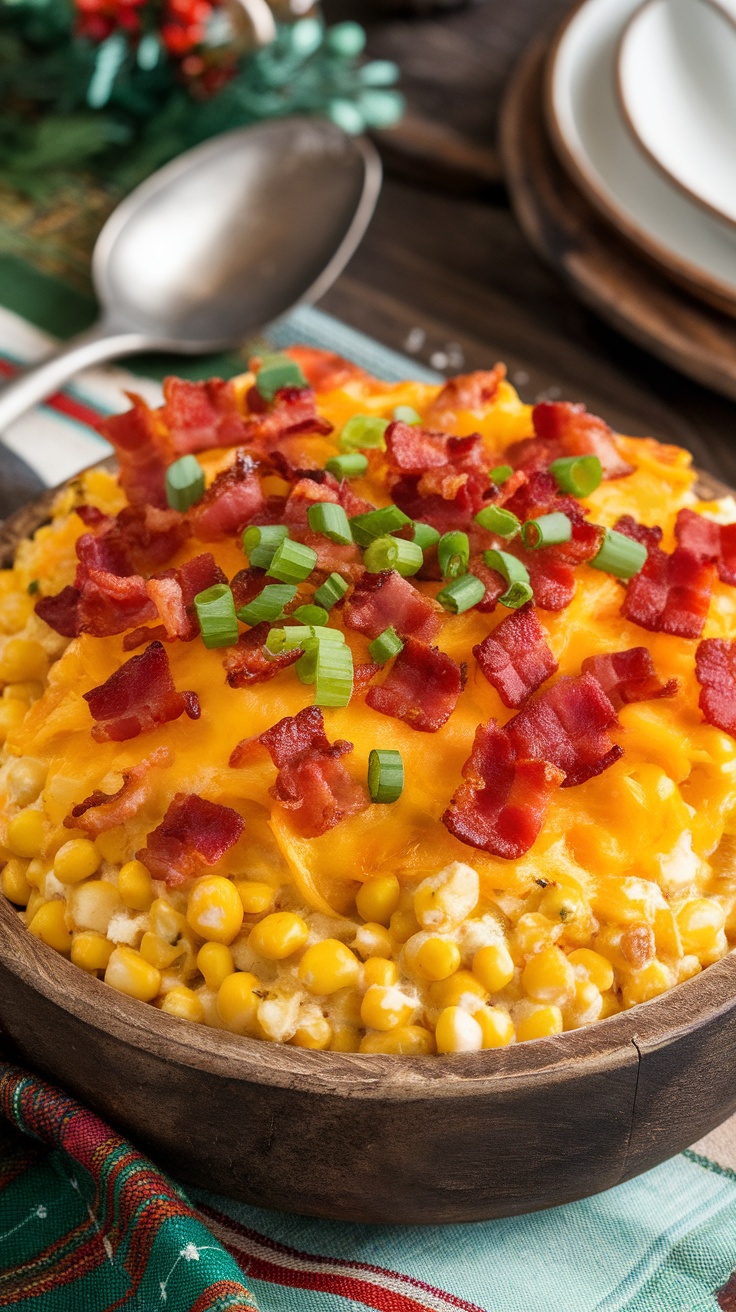 A creamy casserole of cheesy corn with bacon, garnished with green onions, served in a rustic bowl.